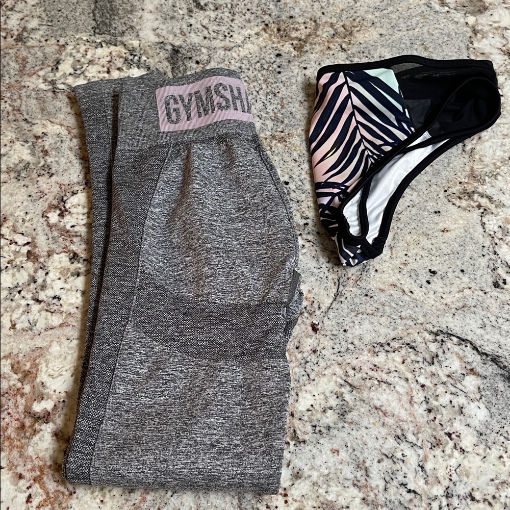 Gymshark Heather Gray Leggings and Zebra Print bikini bottoms